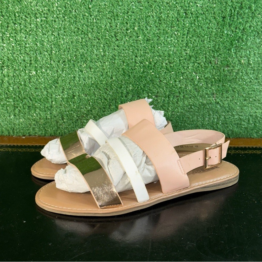 BAMBOO Pink White Gold Flat Sandals with Buckle Women’s‎ Size 9
